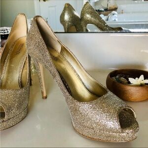 MICHAEL Michael Kors Glittery Gold Peep Toe Heels